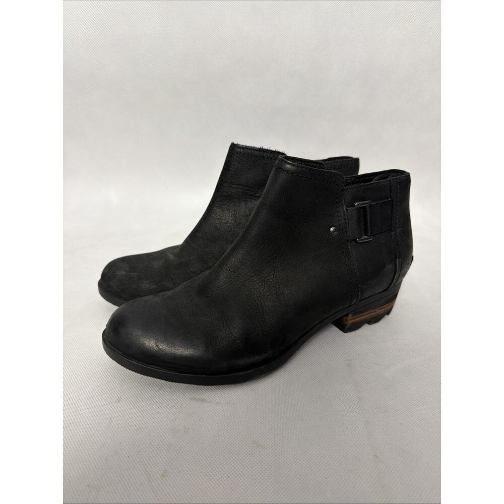 Sorel Lolla Ankle Boots Black Leather Side Zip Block Heel NL2267-010 Womens 10
